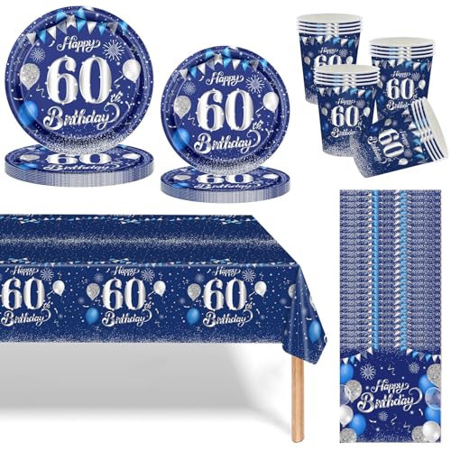 Navy Blau Silber 60 Geburtstag Partygeschirr Set,69 Stück 60.Geburtstag Männer Frauen Blau Silber Deko Pappteller Becher, Servietten und Tischdecke Set,Tischdeko für 60.Geburtstagsdeko Partys 16 Gäste von Mienocol