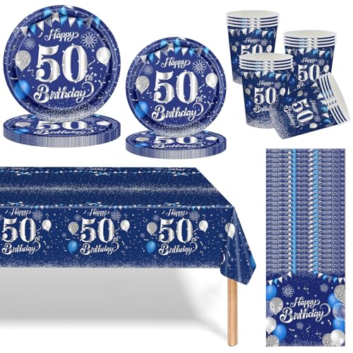 Navy Blau Silber 50 Geburtstag Partygeschirr Set,69 Stück 50.Geburtstag Männer Frauen Blau Silber Deko Pappteller Becher, Servietten und Tischdecke Set,Tischdeko für 50.Geburtstagsdeko Partys 16 Gäste von Mienocol