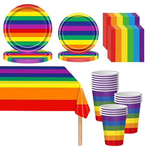 Regenbogen Partygeschirr Set,69 Stück Regenbogen Pappteller Becher, Servietten und Tischdecke Set Regenbogen tischdeko für Kindergeburtstag Party Pride Gay LGBT Dekoration 16 Gäste von Mienocol