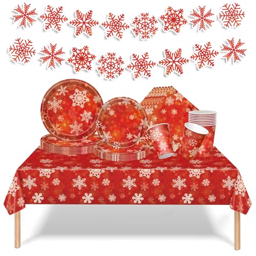 Rot SchneeBlume Weihnachtspapier Partygeschirr Set,70 Stück Rot SchneeBlume Pappteller Becher, Servietten Tischdecke und Banner Set für Weihnachten Neujahr Winter SchneeBlume Dekoration 16 Gäste von Mienocol