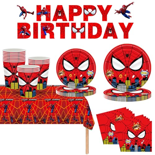 Spiderman-Geburtstagsparty-Geschirr-Set für Kinder, 70-teiliges Super Spider-Party-Geschirr, Pappteller, Becher, Servietten und Happy Birthday-Banner, Spiderman-Partyzubehör für Jungen und Kinder, von Mienocol