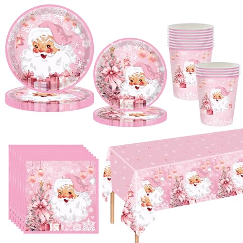 Weihnachtspapier Partygeschirr Set,69 Stück Rosa Weihnachtsmann Pappteller Becher, Servietten und Tischdecke Set Weihnachten tischdeko für 16 Gäste Weihnachten Dekoration von Mienocol