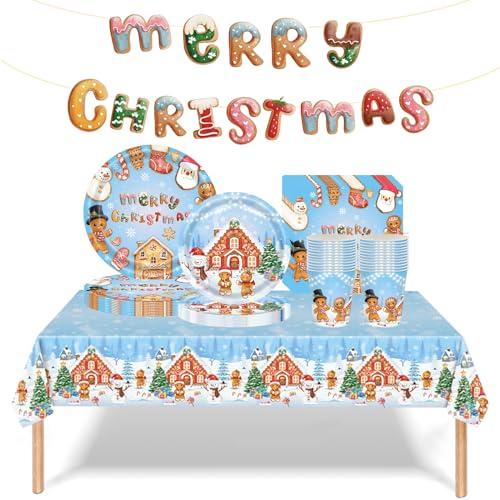 Weihnachtspapier Partygeschirr Set,70 Stück Blau Lebkuchen Pappteller Becher, Servietten Tischdecke und Merry Christmas Banner Set Weihnachten tischdeko für 16 Gäste Weihnachten Dekoration von Mienocol