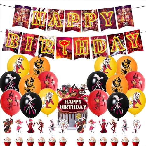 Hazbin Hotel Party Supplies Geburtstag Party Dekoration Set, Anime Cartoon Alastor Geburtstag Banner Luftballons Kuchen Cupcake Topper Dekorationen Supplies für Fans von Mifeiwukawa