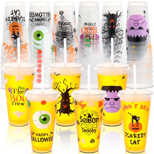 Mifoci 36 Stück 680 ml Halloween transparente Becher Wiederverwendbare Kunststoff-Halloween-Becher mit Deckel und Strohhalm, Halloween-Party-Dekoration, Einwegbecher für Halloween-Party-Dekoration, von Mifoci