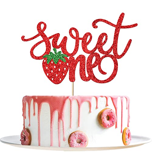 Strawberry Sweet One Cake Topper – 1. Geburtstag Erdbeere Kuchen Topper – Erdbeere Geburtstag Party Rot Glitzer Kuchen Topper – Babyparty Foto Requisiten von Migeaks