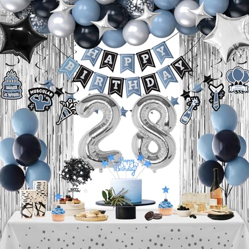 Miidenks 28 Geburtstag Deko Staubiges Blau & Silber 42 Stück Luftballons Vorhänge Banner & mehr für Männer, Frauen & Uni Erwachsene von Miidenks