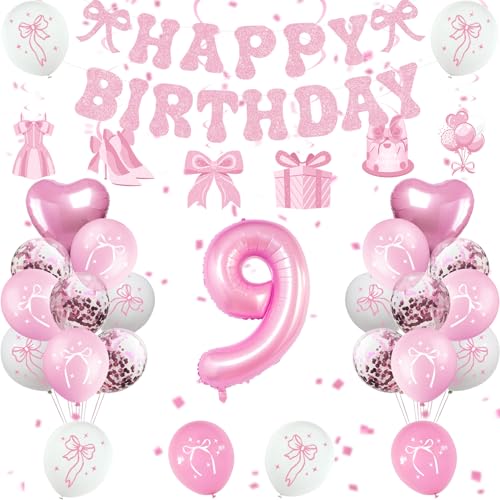 Rosa Schleife 9 Geburtstag Dekorationen Mädchen, Schleife Kokette Geburtstag Dekorationen für Mädchen 9 Geburtstag, Mädchen Cute Bow Themed Happy Birthday Party Supplies mit Rosa Schleife Ballons, von Miidenks