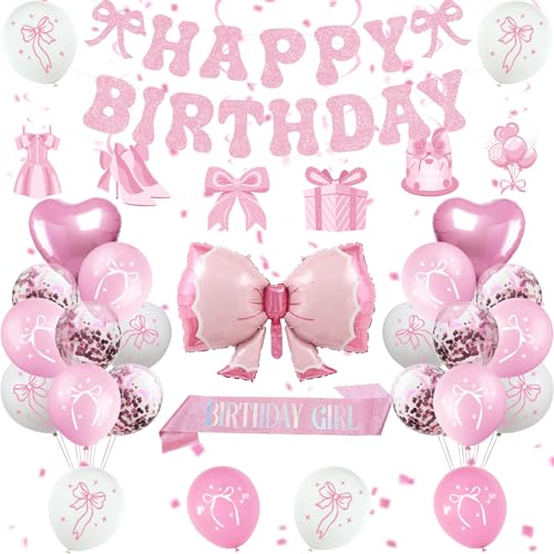 Rosa Schleife Geburtstag Dekorationen, Bogen Kokette Geburtstag Dekorationen für Mädchen, Mädchen Cute Bow Themed Happy Birthday Party Supplies mit Rosa Schleife Ballons, Bogen Geburtstag Banner für von Miidenks