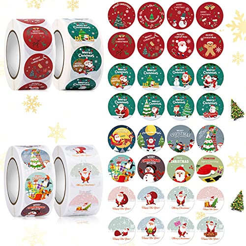 Miioto 2000 Stück Weihnachtsaufkleber Rund, Christmas Stickers, Geschenkaufkleber Weihnachten Retro Rund Sticker Rolle für Papiertüten Umschläge Flaschen und Namensaufkleber Verwendet (4 Rolle) von Miioto