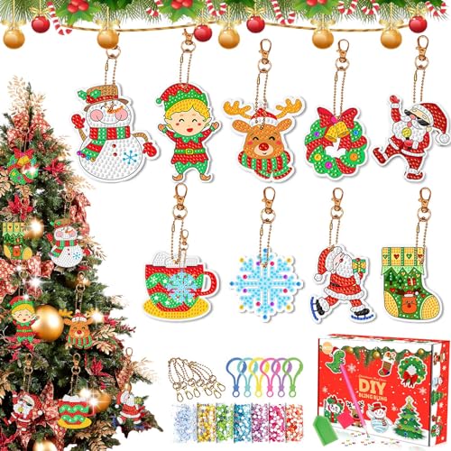 9 Set 5D Weihnachten Diamond Painting Anhänger, Christmas Diamond Keyring, Weihnachtsmann Diamond Painting Kinder Schneemann Painting Kit DIY Diamond Painting Schlüsselanhänger für Geschenkidee (#1) von Miioto