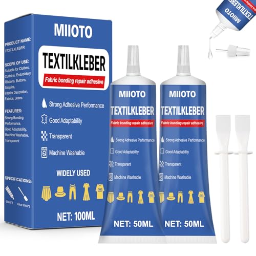 Miioto 100ml Textil Kleber, Textilkleber für Stoffe, Textilkleber Waschmaschinenfest, Textilkleber Extra Stark, Textilkleber Geeignet für Stoffe, Jeans, Leder, Kunststoff, Strickmützen von Miioto