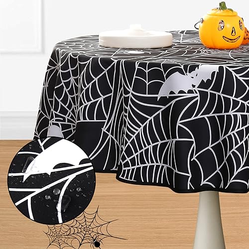 MikiUp Halloween-Tischdecke mit Spinnennetz, rund, Stoff, wasserdichte und waschbare Tischdecke für Halloween, Party, Esszimmer, 152,4 cm, Schwarz von MikiUp