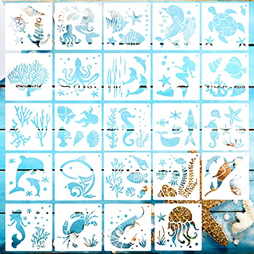 24Pcs Schablonen Kinder Schablonen Zeichnen Stencil Schablonen Wiederverwendbar Meer Tier Malerei Schablonen Zeichenschablonen Kunststoff Malschablone zum Malen/Wanddeko/Scrabooking-13x13cm von Mikihat
