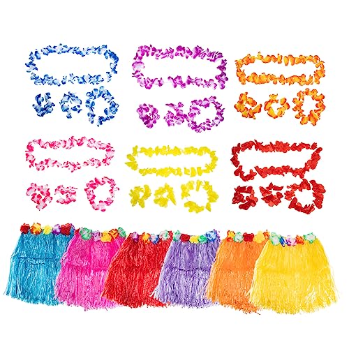 Mikinona 6 Sätze Strohrock-Set Luau-Leis-Halsketten Hawaii-Hula-Rock Hawaiianische Tanzgirlande Kostüme für Mädchen erwachsenes Party-Hawaii-Kleid Hula-Gras-Rock Graßrock Hawaii-Rock pp von Mikinona