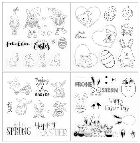 Silikonstempel Ostern 4 Blätter Clear Stamp Ostern Set Stempel Ostern Transparent Silikon Stempel OsterHasen Ostereier Prägung Stempel für DIY Handwerk Scrapbooking Fotoalbum Karten Dekoration von Mikocofo