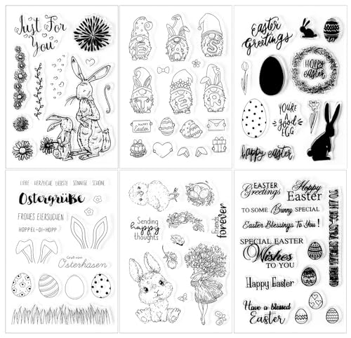 Silikonstempel Ostern 6 Blätter Clear Stamp Ostern Set Stempel Ostern Transparent Silikon Stempel OsterHasen Ostereier Prägung Stempel für DIY Handwerk Scrapbooking Fotoalbum Karten Dekoration von Mikocofo