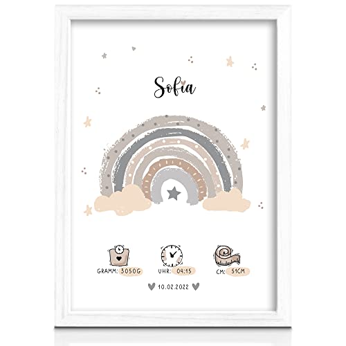 Milaboo® personalisiertes Geburtsposter A4 Regenbogen I Kinderzimmer Deko I personalisierte Geschenke Baby (beige ohne Bilderrahmen) von Milaboo