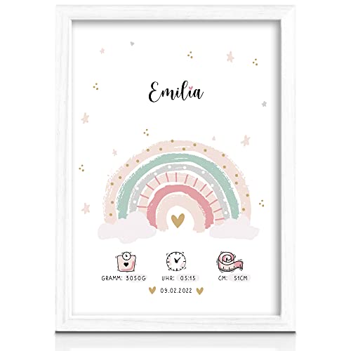 Milaboo® personalisiertes Geburtsposter A4 Regenbogen I Kinderzimmer Deko I personalisierte Geschenke Baby (rosa ohne Bilderrahmen) von Milaboo