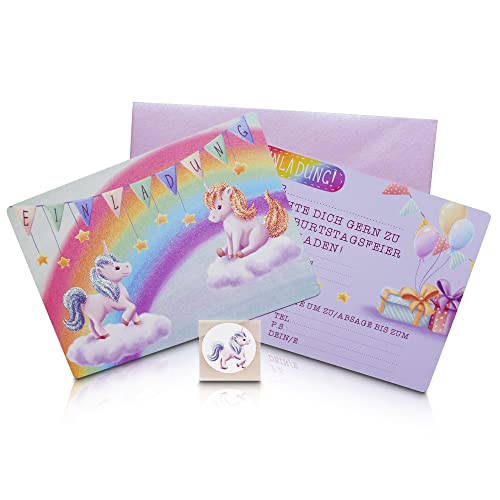 Milaboo® 12er Set Einladungskarten Kindergeburtstag Mädchen Einhorn Glitzer mit Premium Umschlägen und Stickern I Geburtstagseinladungen mit echtem Glitzer für Mädchen I Made in Germany von Milaboo