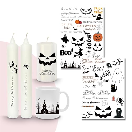 MilaBoo® Kerzentattoos 2x A4 I DIY Aufkleber für besondere Anlässe einfache Anwendung I Wasserschiebefolie für Kerzen I Premium Kerzenaufkleber (Halloween) von Milaboo