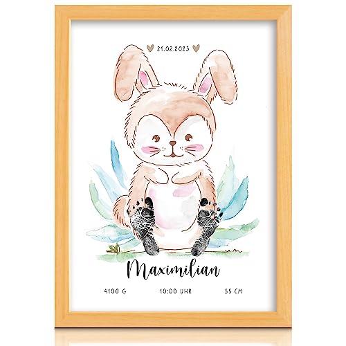 Milaboo® personalisiertes Tierbild DIN A4 mit Baby-Fußabdruck Hase | Geburtsposter für das Kinderzimmer I besonderes Geschenk zur Geburt (Farbe nicht enthalten) von Milaboo