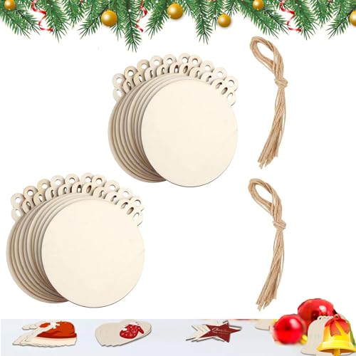 20 Stück Holz Handwerk Weihnachtsbaum Hängende Ornamente Unfertige Holzausschnitte Weihnachtsdekoration DIY Handwerk mit Kordeln (Holz Runde Ausschnitte) von Milaloko