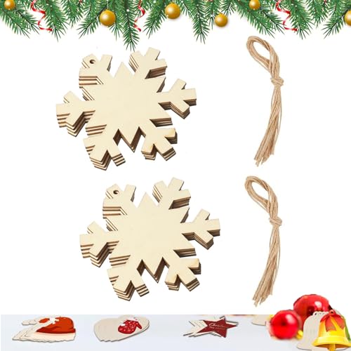 20 Stück Holz Handwerk Weihnachtsbaum Hängende Ornamente Unfertige Holzausschnitte Weihnachtsdekoration DIY Handwerk mit Kordeln (Holz Schneeflocke Ausschnitte) von Milaloko