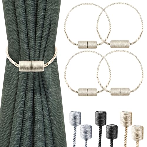 Milaloko 4-Pack Starke Magnetische Vorhang Tiebacks mit Dickeren Twist Seil Dekorative Krawatte Backs Holdbacks für Vorhänge Fenster Vorhang, Beige von Milaloko