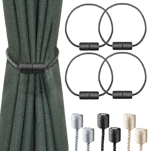 Milaloko 4-Pack Starke Magnetische Vorhang Tiebacks mit Dickeren Twist Seil Dekorative Krawatte Backs Holdbacks für Vorhänge Fenster Vorhang, Schwarz von Milaloko