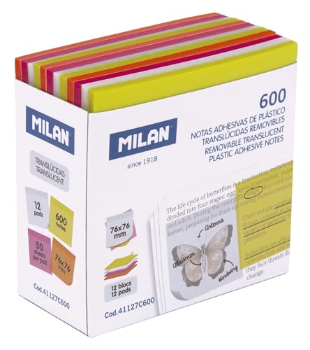 MILAN® 600 transparente Haftnotizen, 76 x 76 mm, mehrfarbig, weiß, gelb, rosa und neonorange von Milan