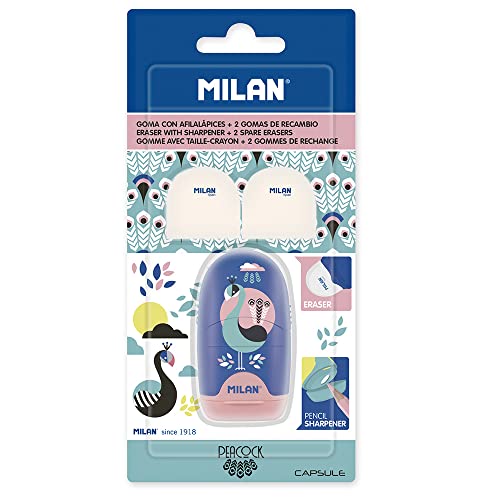 MILAN BYM10034PCK Blister Messerschärfer Capsule Peacock + 2 Ersatzgummis, mehrfarbig von MILAN