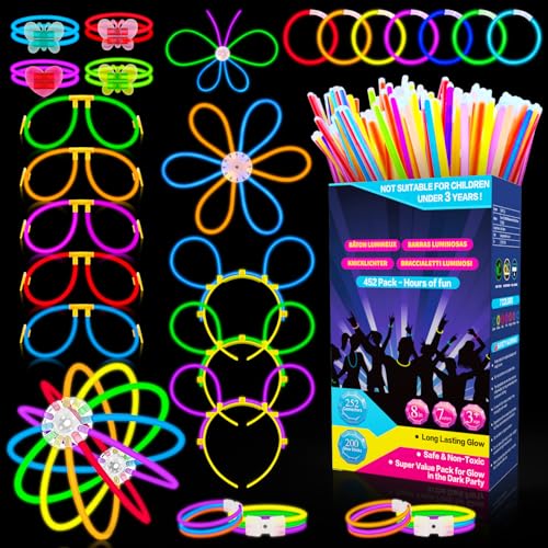 Millegu Knicklichter Party Set,200 Stück Leuchtstäbe 252 Verbinder,Neon Knicklichter Ketten und Leuchtbrillen Sets für Kinder Erwachsene Party Deko für Hochzeiten Geburtstage Festivals Party von Millegu