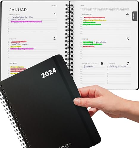 Milula Studios Terminplaner 2024, Kalender 2024 Buchkalender A5 - Minimalistischer Planer 2024 als Ringbuch Wochenplaner, Terminkalender 2024 Für mehr Organisation, Black von Milula Studios