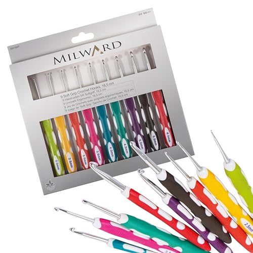 Milward Häkelnadel-Set – Ergonomische Griffe mit Softgriff, farblich gekennzeichnet, 2, 2,5, 3,5, 4, 4,5, 5,5 und 6 mm, sortiert von Milward