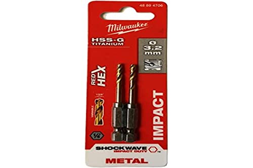 Milwaukee 2 Stück SHOCKWAVE Metallbohrer HSS-G RED HEX Titan 1/4" 3,2 x 66,5 mm von Milwaukee