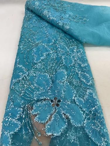 Afrikanische Pailletten, Spitze, Bräutigam, Stickerei, Perlen, französischer Tüll, Spitzenmaterial für Hochzeitskleid (4,5 m, blau) von Milylace