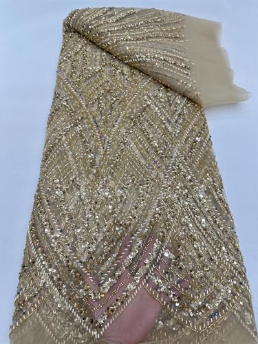Afrikanischer Spitzenstoff, schwere Perlenstickerei, französische Spitze für schöne Brautkleider (4,5 m, Gold) von Milylace