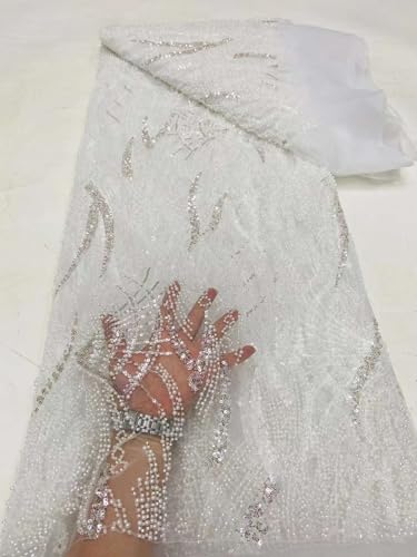 Exquisite nigreianische handgefertigte Perlenspitze mit Pailletten bestickt, Spitzenstoff für Brautkleider für Damen (weiß, 4,5 m) von Milylace