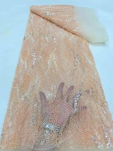 Exquisiter handgefertigter Spitzenstoff mit Perlen, Nigreian-Stickerei, Pailletten, Spitzenstoff für Damen, Hochzeitskleid, Aprikose, 4,5 m von Milylace