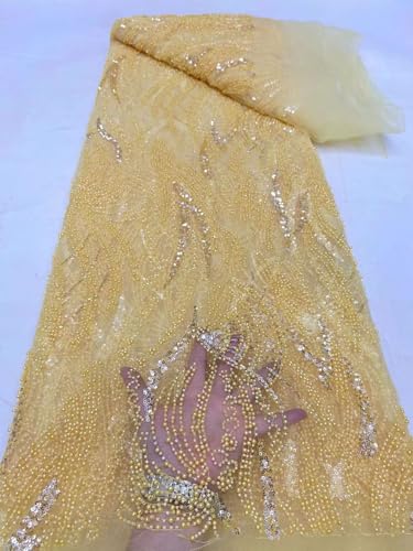 Exquisiter handgefertigter Spitzenstoff mit Perlen, Nigreian-Stickerei, Pailletten, Spitzenstoff für Damen, Hochzeitskleid, Gelb, 4,5 m von Milylace
