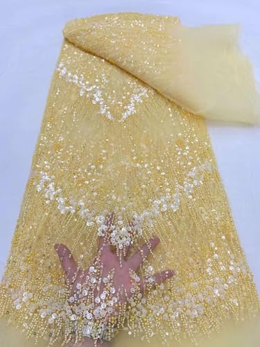 Französische handgefertigte Perlenspitze mit Perlen, afrikanische Pailletten, Netzstoffe für Hochzeit, Party, Kleid, Nähen (Gold, 4,5 m) von Milylace