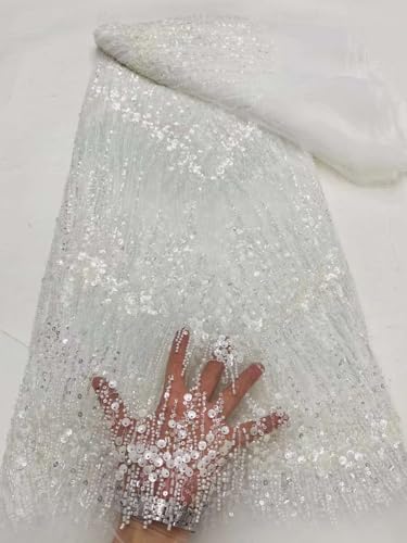 Französische handgefertigte Perlenspitze mit Perlen, afrikanische Pailletten, Netzstoffe für Hochzeit, Party, Kleid, Nähen (weiß, 4,5 m) von Milylace