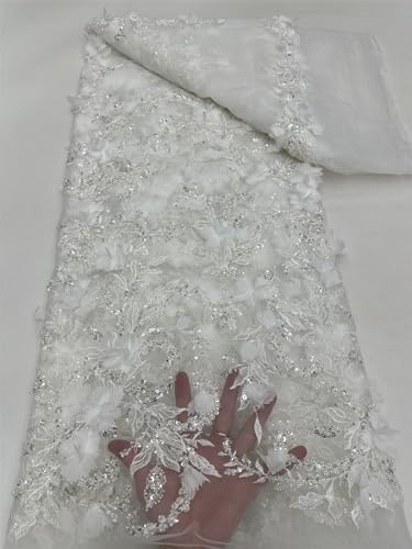Wunderschöner handgefertigter Tüll mit Perlen und Pailletten, 3D, 4,6 m, Weiß von Milylace