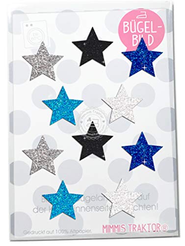 Bügelbild 10 GLITZER Sterne, Größe 3 cm BUNTES SET Aufbügler Applikationen Bügelsticker für Stoffe Textilien Kinder zum Aufbügeln Flicken, Farbe:Set 1 von Mimmis Traktor