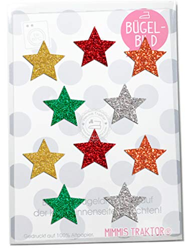 Bügelbild 10 GLITZER Sterne, Größe 3 cm BUNTES SET Aufbügler Applikationen Bügelsticker für Stoffe Textilien Kinder zum Aufbügeln Flicken, Farbe:Set 3 von Mimmis Traktor