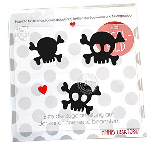 Bügelbild 3 Piraten Skulls 5 cm bis 4 cm SCHWARZ Flockfolie Aufbügler Applikationen Bügelsticker für Stoffe Textilien Kinder zum Aufbügeln Flicken von Mimmis Traktor