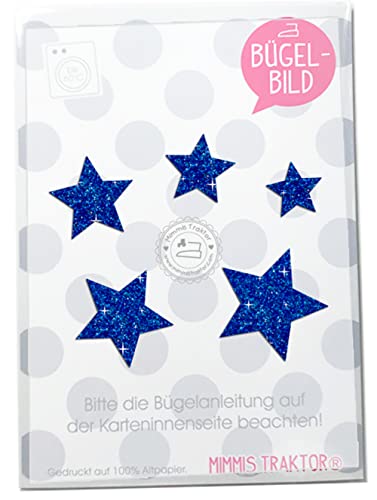 Bügelbild 5 GLITZER Sterne 4 cm bis 2 cm, 40 mm bis 20 mm Aufbügler Applikationen Bügelsticker für Stoffe Textilien Kinder zum Aufbügeln Flicken, Farbe:Glitzer blau von Mimmis Traktor