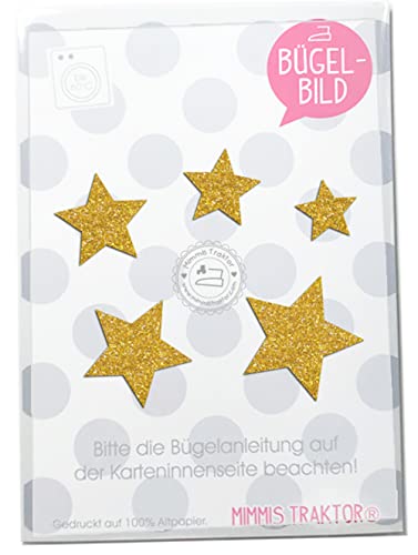 Bügelbild 5 GLITZER Sterne 4 cm bis 2 cm, 40 mm bis 20 mm Aufbügler Applikationen Bügelsticker für Stoffe Textilien Kinder zum Aufbügeln Flicken, Farbe:Glitzer gold von Mimmis Traktor