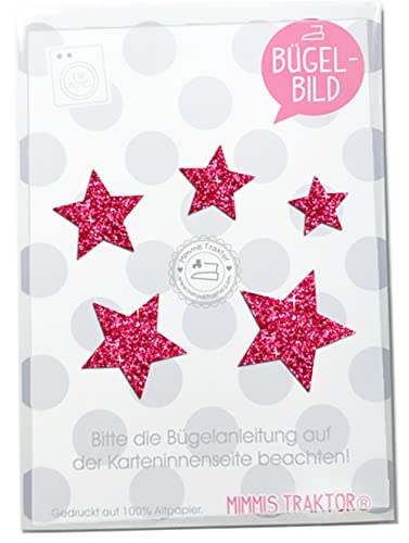 Bügelbild 5 GLITZER Sterne 4 cm bis 2 cm, 40 mm bis 20 mm Aufbügler Applikationen Bügelsticker für Stoffe Textilien Kinder zum Aufbügeln Flicken, Farbe:Glitzer pink von Mimmis Traktor